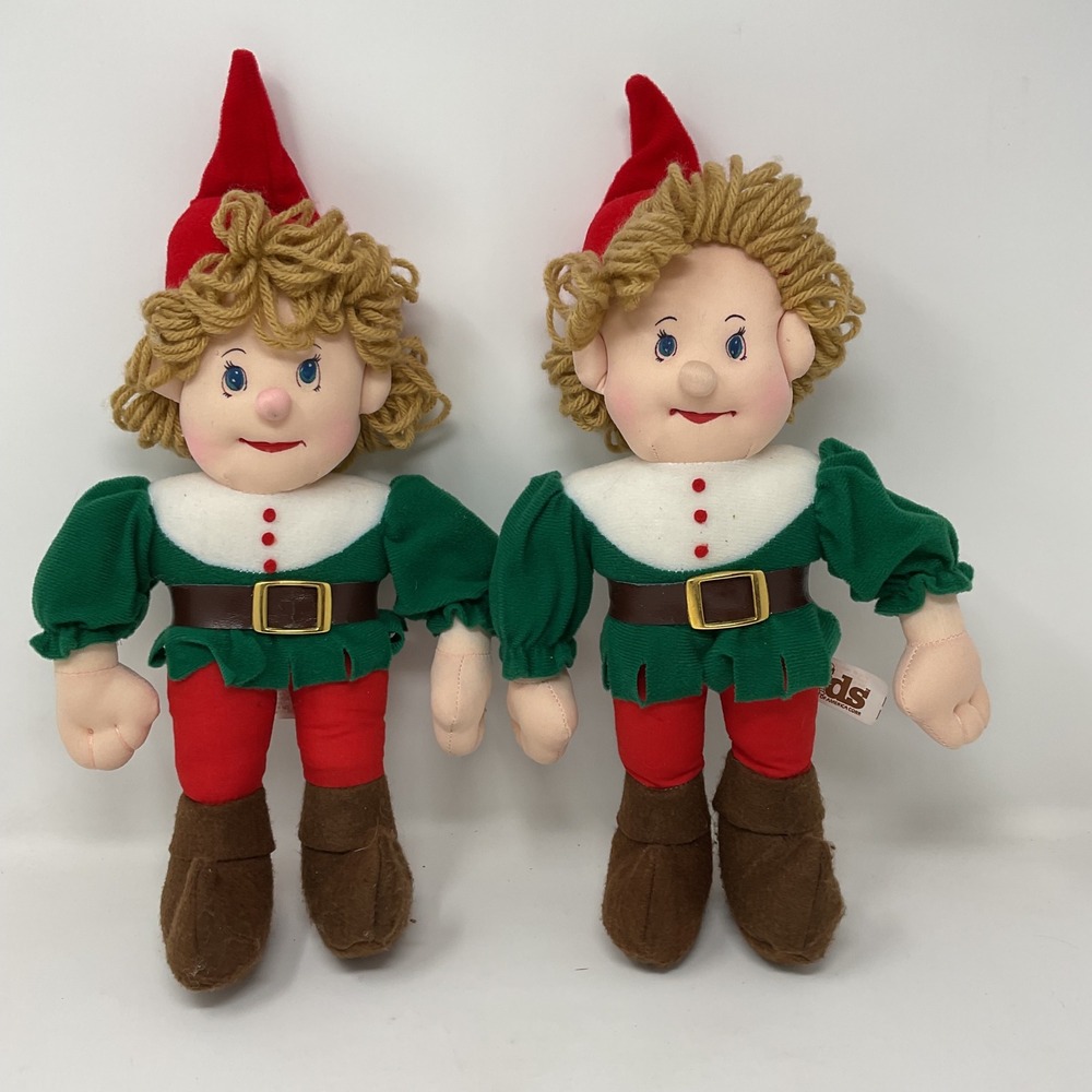 Vintage Kids of America Christmas Elf Plush Dolls Set of 2 Green Red Holiday